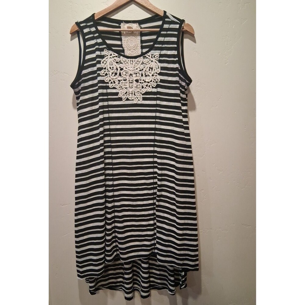 Style & Co Wmn Sz XL High Low Sleeveless Ivory/Black Long Stripe Dress Lace READ